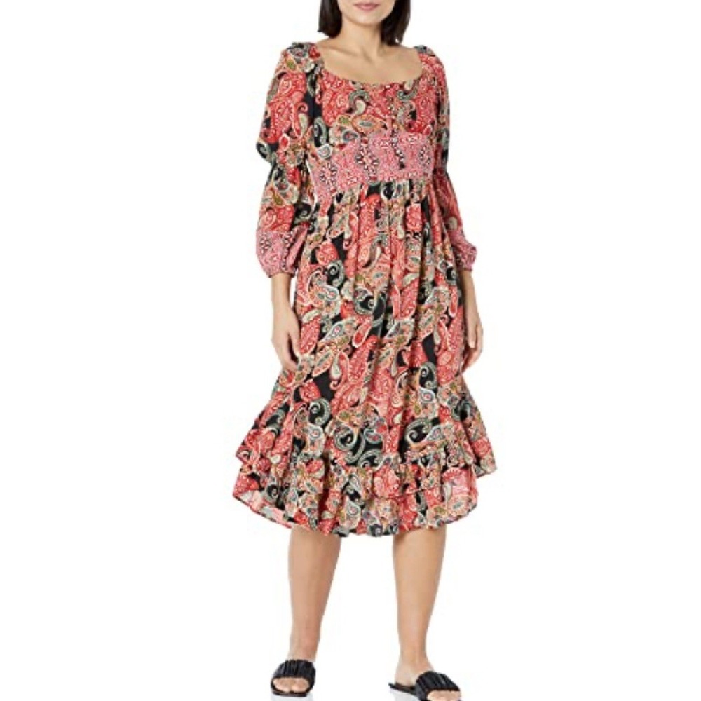 Angie Midi Dress Kaftan Womens Sz S Orange Paisley Milkmaid Boho Fall Tiered